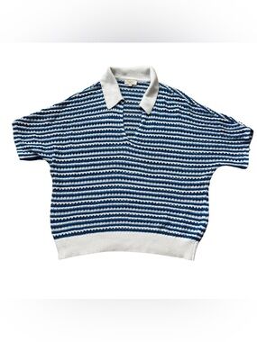LOFT Striped Crochet Knit Polo Sweater XL Coastal Grandmacore Blue White Boho